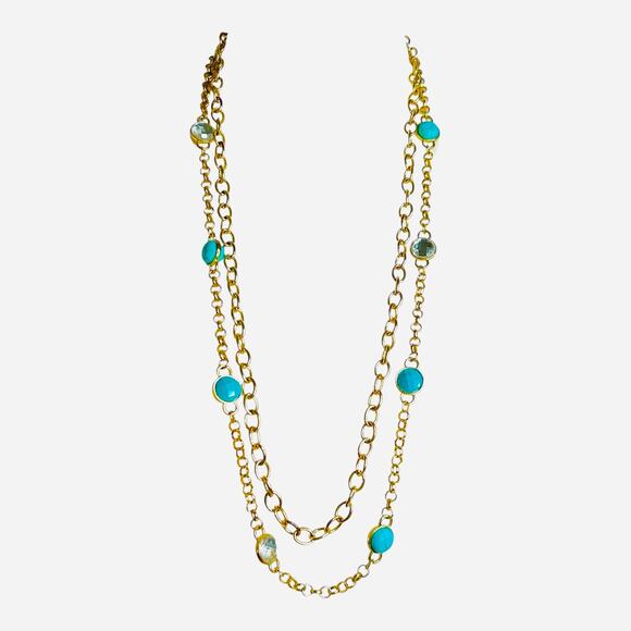 Bright Blue Clear Faceted Round Beads Gold Tone Double Strand Necklace - Picture 1 of 3